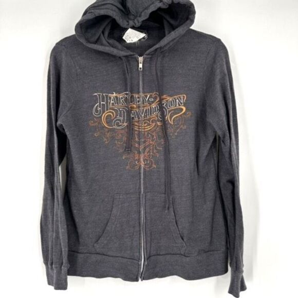 Vintage Y2K Harley Davidson Women Gray Full‎ Zip Hoodie Sweatshirt Medium Flames - Picture 1 of 11